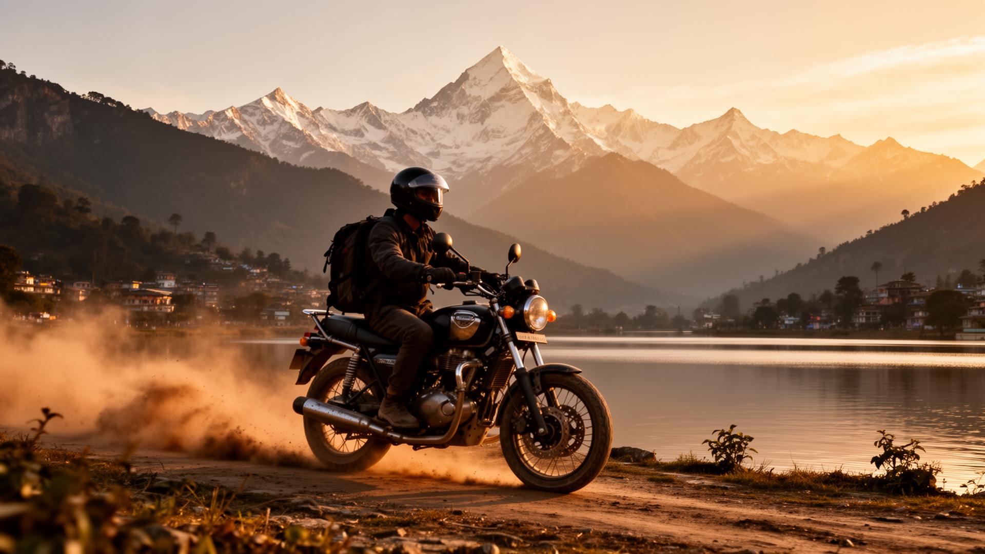 Motorbike riding through Pokhara with Himalayan mountains